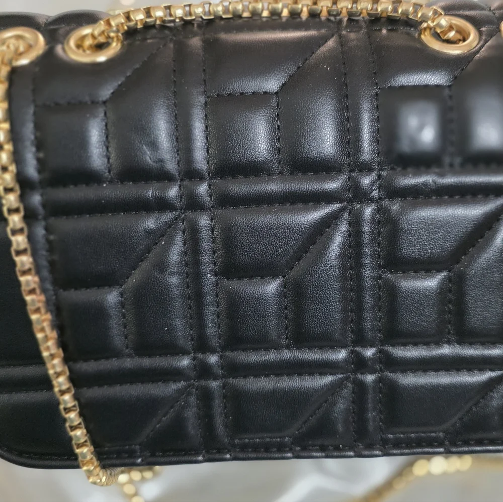 Black Quilted Faux Leather  Bag with Bee Clasp & Adjustable Gold Chain - Picture 4 of 5